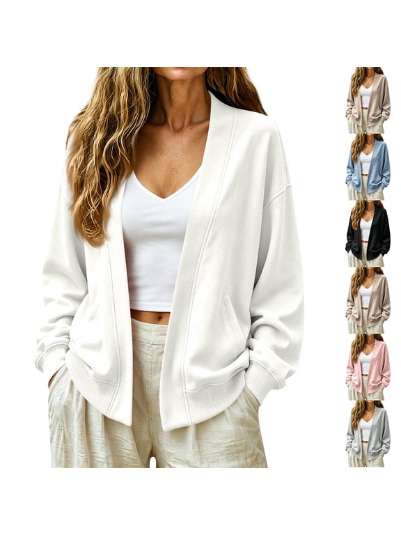 Sweatshirt Cardigan for Women Open Front Oversized Sweatshirt Lounge Collarless Fall Jackets with Pockets Cute Plain Sweaters White M