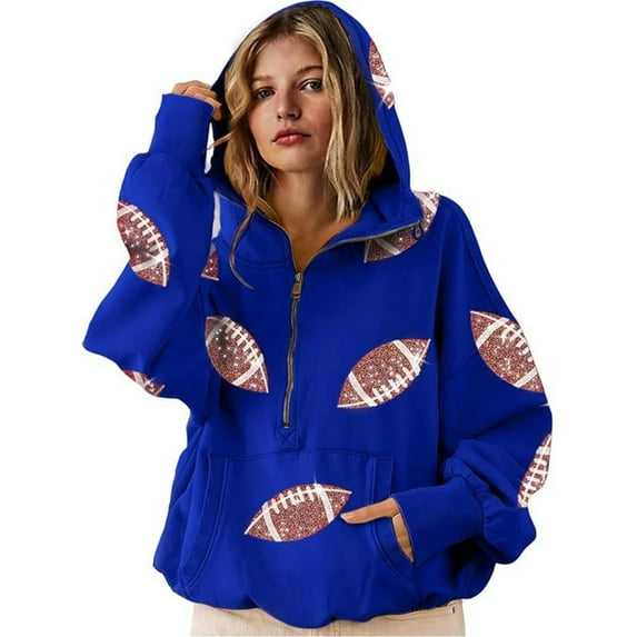 Resicozy Sweatshirt for Women Football Oversized Sequin Graphic Half Zip Hoodie Casual Long Sleeve Pullover Tops with Pocket Blue 4XL
