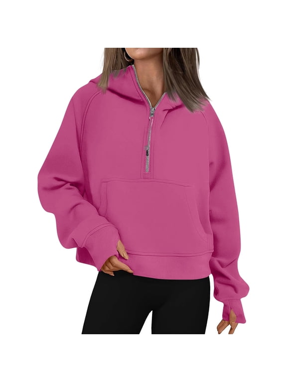 Sweatshirt for Women Half Zip Cropped Pullover Quarter Zipper Hoodies 2026 Fall Fashion Clothes with Pockets Hot Pink XL