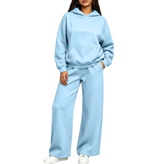 Resicozy Sweatsuits for Women 2 Piece Set Long Sleeve Hoodie Baggy Wide Leg Sweatpants Solid Color Matching Track Suits Light Blue S
