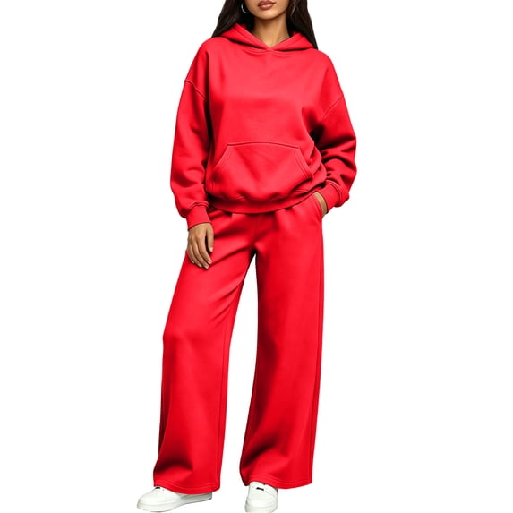 Resicozy Sweatsuits for Women 2 Piece Set Long Sleeve Hoodie Baggy Wide Leg Sweatpants Solid Color Matching Track Suits Red 3XL