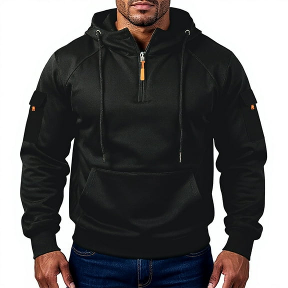 Resicozy Tactical Hoodies for Men Quarter Zip Pullover Cargo Hoodie Jacket Solid Color Hooded Sweatshirt with Pockets Black XL