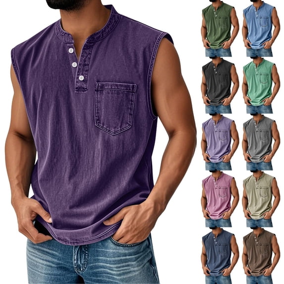 Resicozy Tank Tops Men Sleeveless Henley Shirt Vintage Washed Tank Top Casual Summer Gym Basic Tee with Pocket Purple L