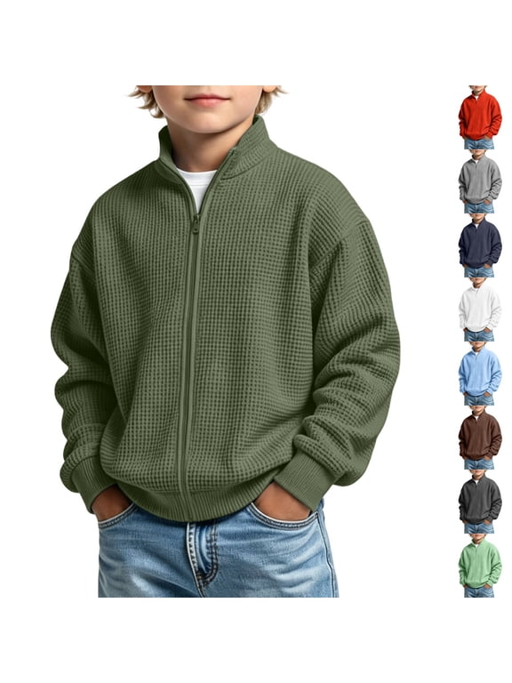 Teen Boys Full Zip Up Jacket Fall Waffle Knit Sweatshirt Fashion for Kids School Uniform Jacket 3-13 Years Army Green 160