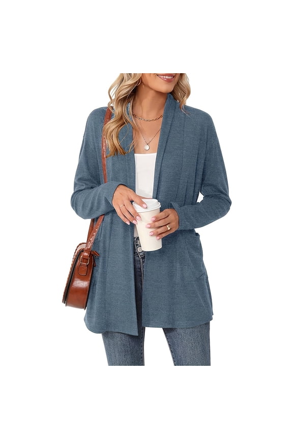 Thin Cardigans for Women Casual Lightweight with Pocketes Solid Color Long Sleeve Open Front Cardigan Blue S