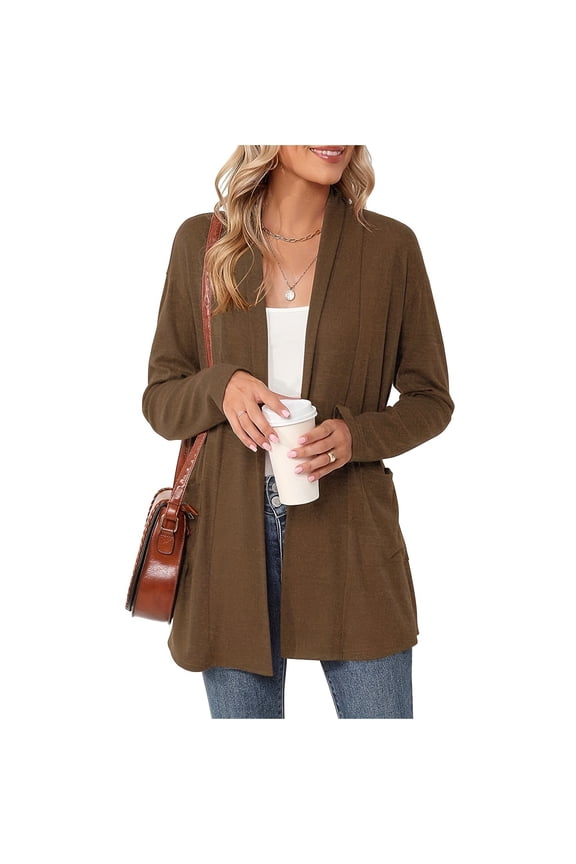 Thin Cardigans for Women Casual Lightweight with Pocketes Solid Color Long Sleeve Open Front Cardigan Coffee S