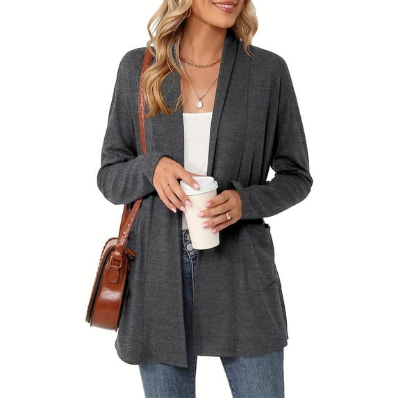 Resicozy Thin Cardigans for Women Casual Lightweight with Pocketes Solid Color Long Sleeve Open Front Cardigan Dark Gray 2XL