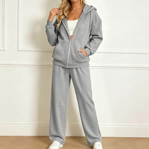 Resicozy Track Suits For Women Set Zip Up Hoodies Matching Wide Leg Sweatpant Lounge Sets Jogging Gym Workout Sweat Suit Gray 2XL