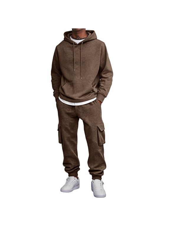 Track Suits for Men Two Piece Set Drawstring Waist Hoodies and Sweatpants Ribbed Cuffs with Pockets Clothing Sets Brown S