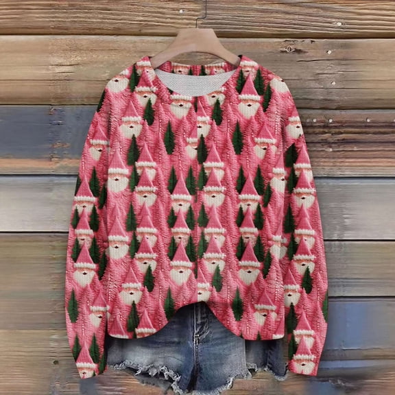 Resicozy Ugly Christmas Sweater Women Funny Pattern Trendy Cute Xmas Holiday Sweaters Oversized Crewneck Knit Pullover Tops Hot Pink XL