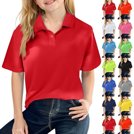 Resicozy Uniform Short Sleeve Polo Shirt for Children Button Closure Comfortable Soft Trendy Solid Color Pullover Tops Fluorescent Green 10-11 Years