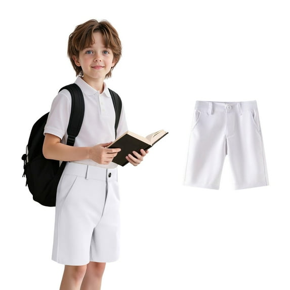 Resicozy Uniform Shorts for Boys Casual Elastic Waist Golf Dressy Solid Color Shorts with Pockets White 5-6 Years