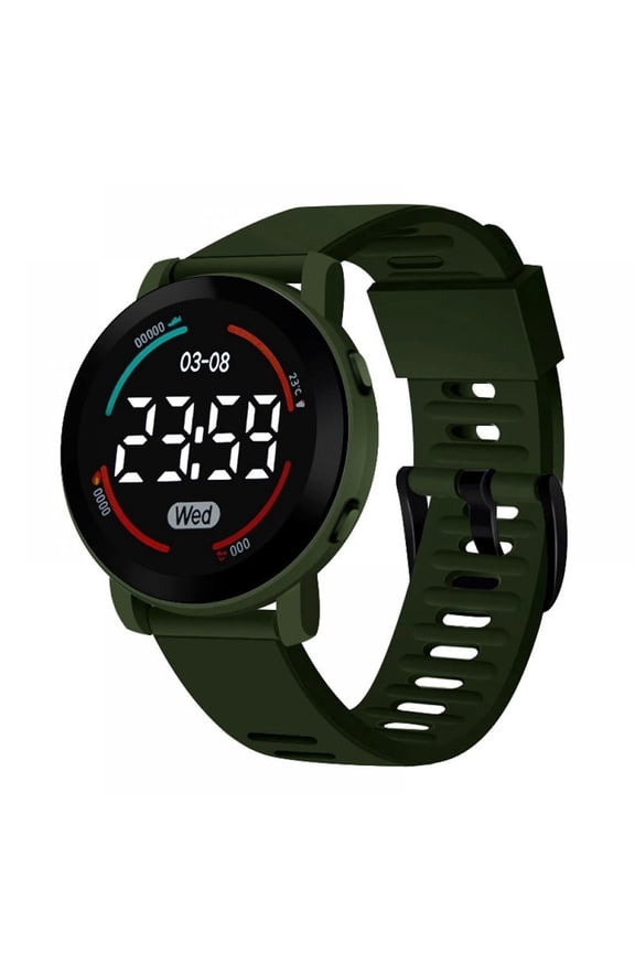 Unisex Round LED Digital Sports Watch Large Display Date Week Lightweight Outdoor Student Daily Wrist Watches Army Green One Size