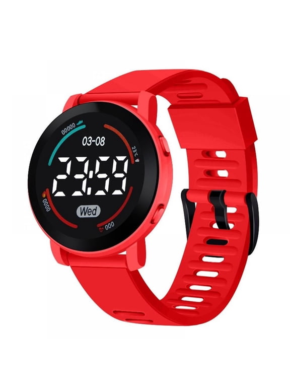 Unisex Round LED Digital Sports Watch Large Display Date Week Lightweight Outdoor Student Daily Wrist Watches Red One Size