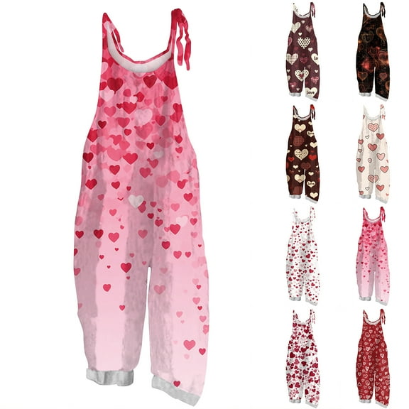Resicozy Valentine Jumpsuit for Women 2026 Overalls Jumpsuits Heart Printed Spaghetti Strap Party Holiday Pants Pink M