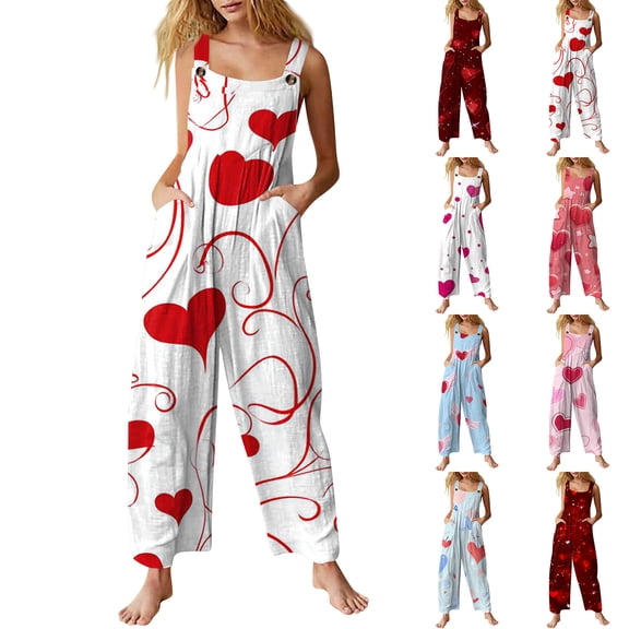 Resicozy Valentine Linen Overalls for Women Plus Size Jumpsuits Heart Print Fashion 2026 Party Loose Fit Pants Deep Red XL