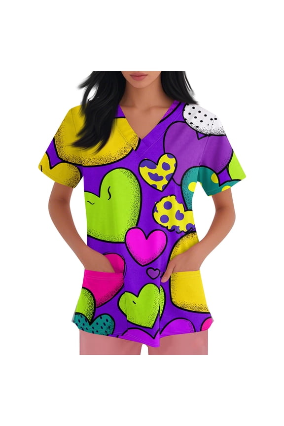 Valentine Scrub Tops for Women Plus Size Fashion Printed V Neck Short Sleeve Shirt Nursing Uniform with Pocket 2026 Vermilion 5XL