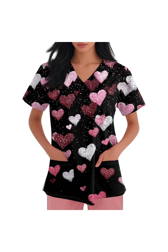Valentine Scrub Tops for Women Plus Size Fashion Printed V Neck Short Sleeve Shirt Nursing Uniform with Pockets Black 3XL