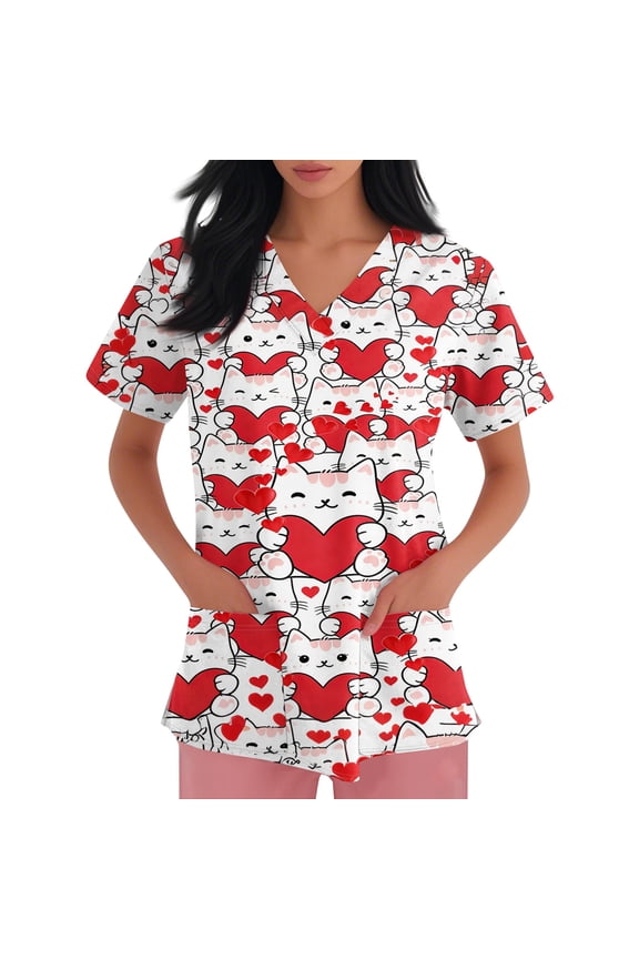 Valentine Scrub Tops for Women Plus Size Fashion Printed V Neck Short Sleeve Shirt Nursing Uniform with Pockets Watermelon Red 5XL