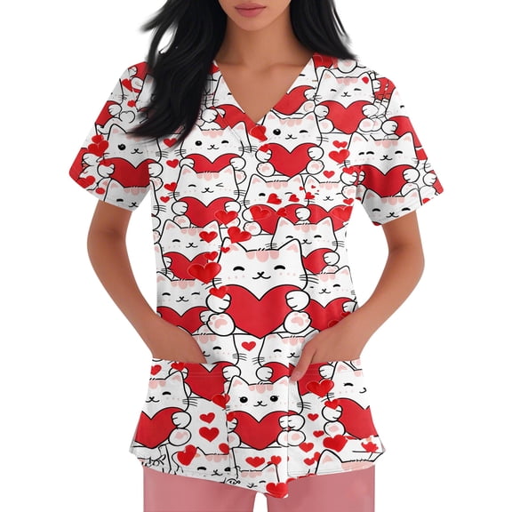 Resicozy Valentine Scrub Tops for Women Plus Size Fashion Printed V Neck Short Sleeve Shirt Nursing Uniform with Pockets Watermelon Red M