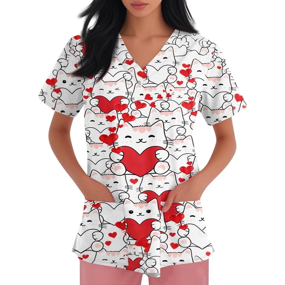 Resicozy Valentine Scrub Tops for Women Plus Size Fashion Printed V Neck Short Sleeve Shirt Nursing Uniform with Pockets White L