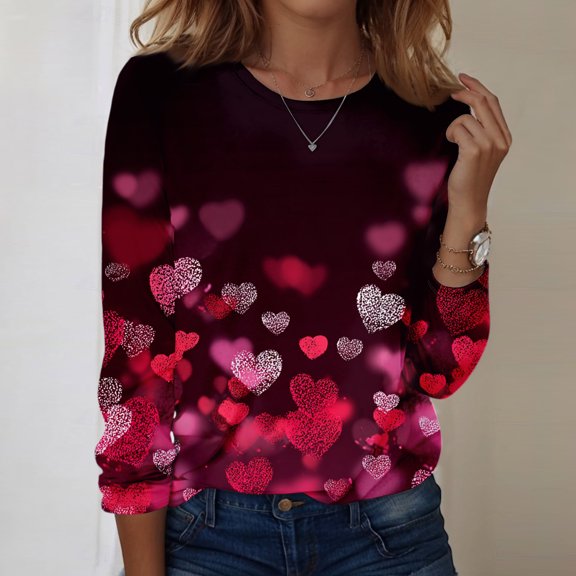 Resicozy Valentine Shirts for Women 2026 Long Sleeve Crewneck Holiday Tops Tunic Loose Fit Cute Heart Print Blouse Purple Pink S