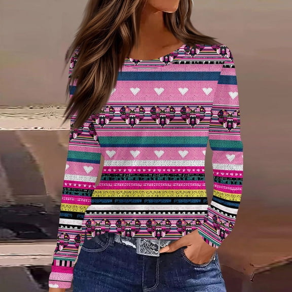 Resicozy Valentine Shirts for Women Trendy Cute Heart Printed T Shirt Long Sleeve Valentines Gift Crewneck Shirt Casual Tee Tops Watermelon Red#1 S