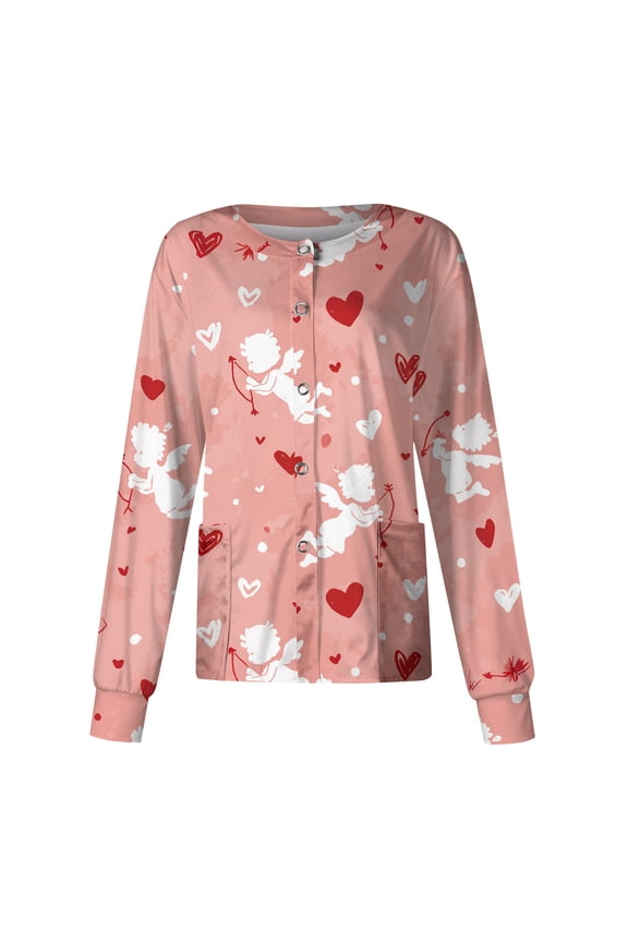 Valentine's Day Jackets for Women Plus Size Scrub Jacket Long Sleeve Heart Print Nurse Coat with Pockets 2026 Light pink 3XL