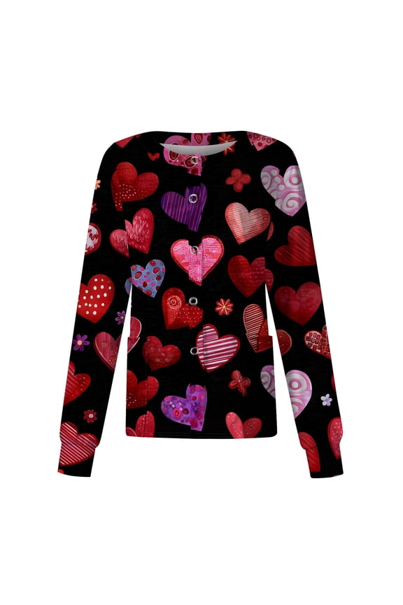 Valentine's Day Jackets for Women Plus Size Scrub Jacket Long Sleeve Heart Print Nurse Coat with Pockets 2026 Red L