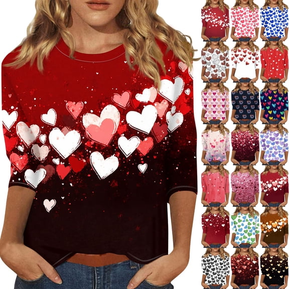 Resicozy Valentines 3/4 Sleeve Shirts for Women Trendy 2026 Cute Heart Printed Tunic Tops Plus Size Casual Summer Crew Neck Blouses White XL