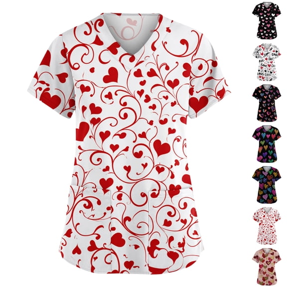 Resicozy Valentines Day Scrub Tops for Women Plus Size Trendy V-Neck Short Sleeve Shirt Heart Print Nursing Uniform with Pockets Red 3XL