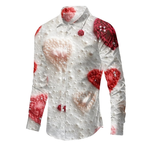 Resicozy Valentines Day Shirts Men Casual Fashion 2026 Lapel Long Sleeve Heart Print Button Down Shirts Vacation Tops White L