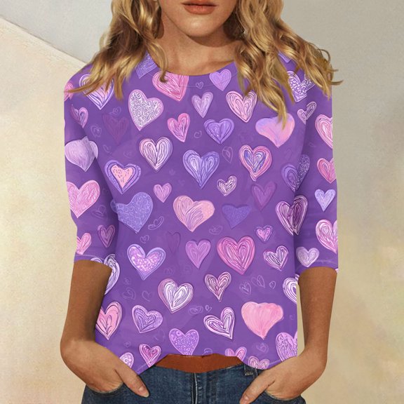 Resicozy Valentines Shirts For Women 3/4 Length Sleeve Valentine Day Top 2026 Cute Heart Printed Graphic Shirt Crewneck Pullover Pink#1 S
