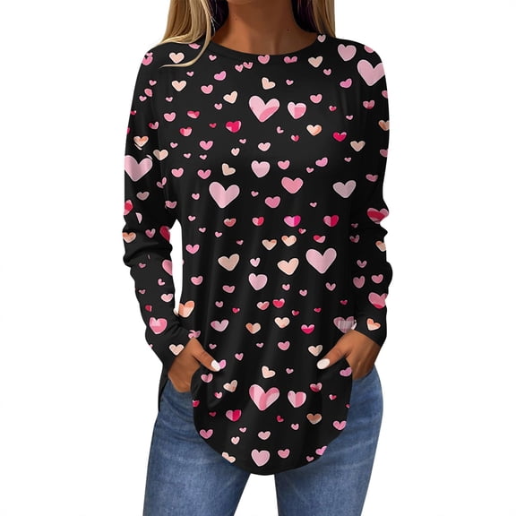 Resicozy Valentines Shirts For Women Long Sleeve Shirt Valentine Day Crewneck Top 2026 Love Heart Printed Graphic Pullover Black 2XL