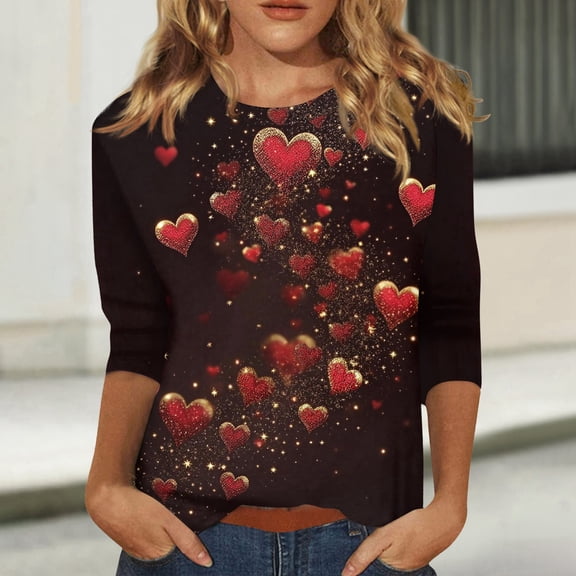 Resicozy Valentines Shirts for Women Fashion 2026 Cute Love Heart Printed Tunic Tops Plus Size Casual Summer 3/4 Sleeve Blouses Watermelon Red XL