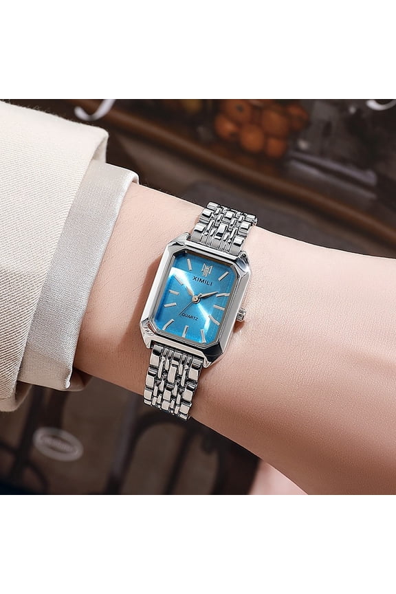 Vintage Rectangle Wristwatch for Women Classic Quartz Watch Ultra-Thin Ladies Bracelet Watch Business Dress Watches Silver with Blue Face