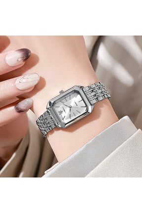 Vintage Rectangle Wristwatch for Women Classic Quartz Watch Ultra-Thin Ladies Bracelet Watch Business Dress Watches Silver with White Face