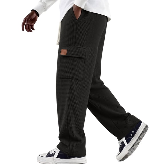 Resicozy Waffle Cargo Pants for Men Drawstring Wide Leg Baggy Lightweight Sweatpants Lounge Breathable Elastic Waist Pants Black M