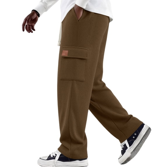 Resicozy Waffle Cargo Pants for Men Drawstring Wide Leg Baggy Lightweight Sweatpants Lounge Breathable Elastic Waist Pants Brown 2XL