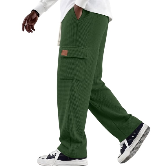 Resicozy Waffle Cargo Pants for Men Drawstring Wide Leg Baggy Lightweight Sweatpants Lounge Breathable Elastic Waist Pants Dark Green L