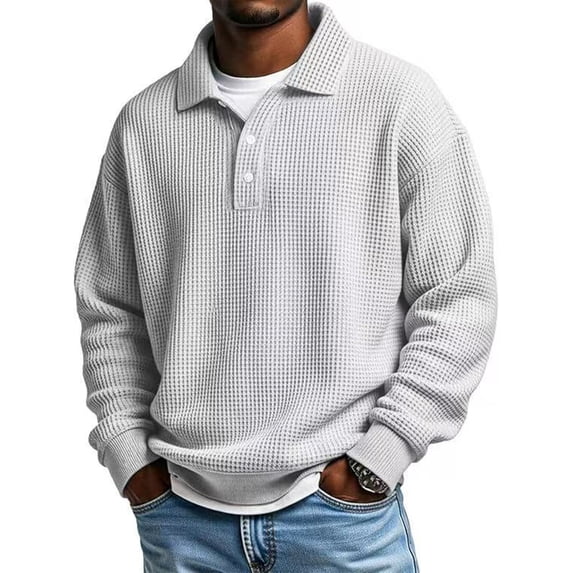 Resicozy Waffle Long Sleeve Polo Shirts for Men Buttons Collared Slim Fit Golf Shirts Casual Office Fashion T Shirt White S