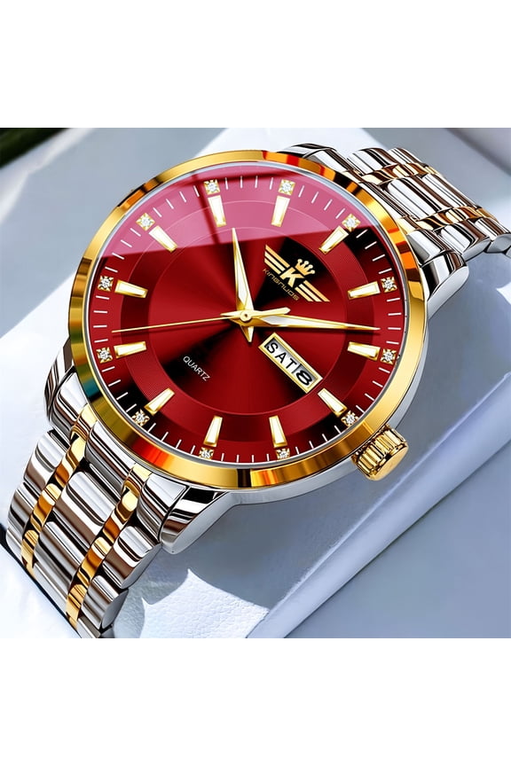 Watches for Men Fashion Quartz Wristwatch with Round Dial Casual Business Watch Stainless Gift 2026 Silver with Red Face