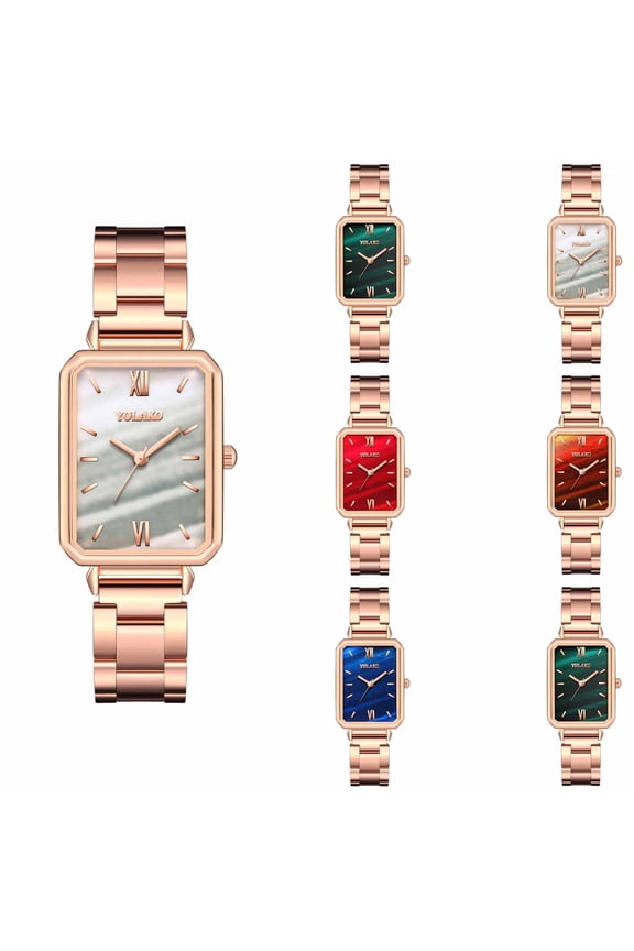 Watches for Women with Vintage Fashion Rectangular Case Black Dial Stainless Watch Band Green