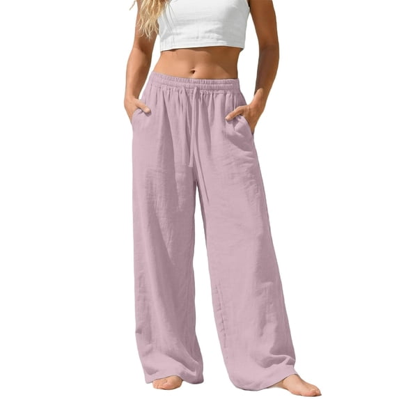Resicozy Wide Leg Linen Pants for Women Plus Size Summer Flowy Lounge Pant Loose Fit Dressy Trousers with Pocket Light Purple L