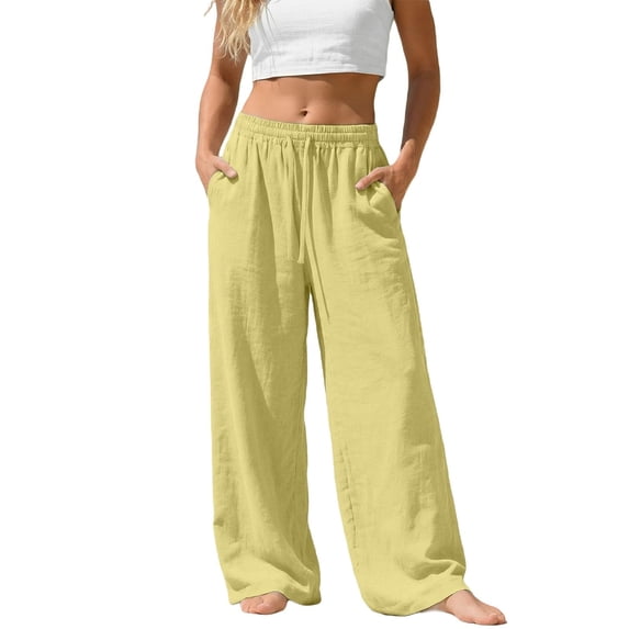 Resicozy Wide Leg Linen Pants for Women Plus Size Summer Flowy Lounge Pant Loose Fit Dressy Trousers with Pocket Yellow M