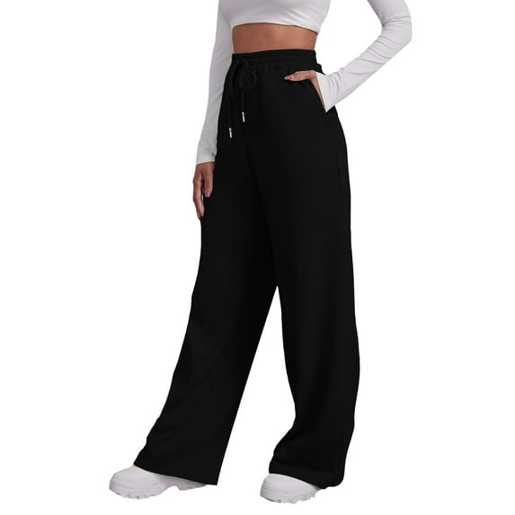 Resicozy Wide Leg Sweat Pants for Womens High Waisted Baggy Solid Color Sweatpants Casual Drawstring Workout Pants with Pockets Black XL
