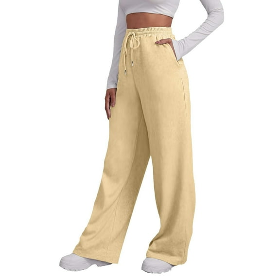 Resicozy Wide Leg Sweat Pants for Womens High Waisted Baggy Solid Color Sweatpants Casual Drawstring Workout Pants with Pockets Khaki XL
