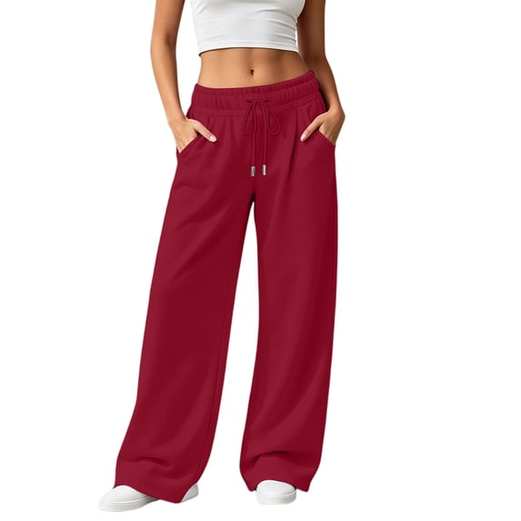 Resicozy Wide Leg Sweatpants Women Elastic Drawstring Waist Baggy Jogger Yoga Sweatpant with Pockets Red L