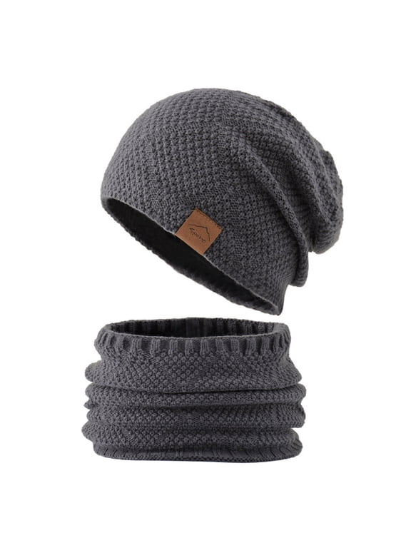 Winter Beanie Hat Scarf Set for Men Fleece Lined Warm Ski Soft Adjustable Neck Gaiter Thick Knit Versatile Winter Wear Gray