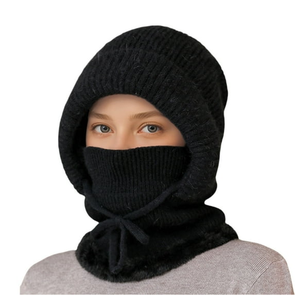 Resicozy Women's Outdoors Windproof Scarf Hat Winter for Women Warm Knitted Solid Color Hat Scarf Black 13.5 In